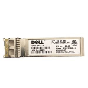DELL 10GBASE-SR SFP+ Transceiver – 10Gbps optical module with 850nm wavelength, supporting up to 300 meters on OM3 and 400 meters on OM4 multimode fiber.