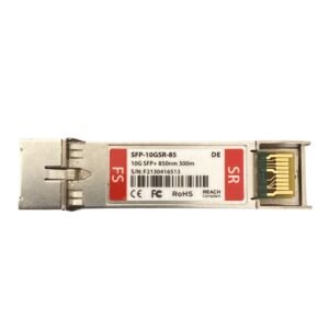 FS 10GBASE-SR SFP+ Transceiver – 10Gbps optical module with 850nm wavelength, supporting up to 300 meters on OM3 and 400 meters on OM4 multimode fiber.