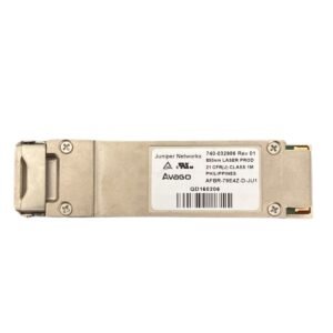 Juniper QFX-QSFP-40G-SR4 Transceiver – 40GBASE-SR4 QSFP+ optical module with MTP/MPO connector, 850nm wavelength, supporting up to 150m on OM4 multimode fiber.