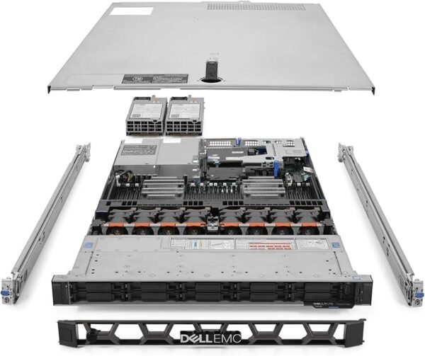 Internal view of Dell EMC VxRail E560 showing CPU sockets, memory slots, and internal components.