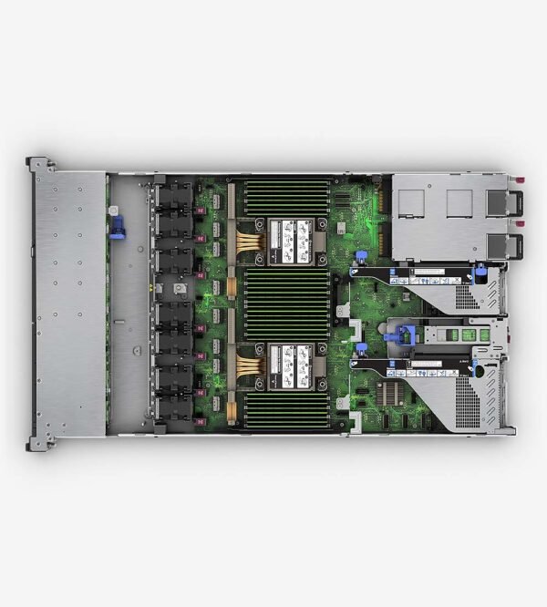Internal view of HPE ProLiant DL360 Gen10 showing CPUs, memory slots, and drive backplane