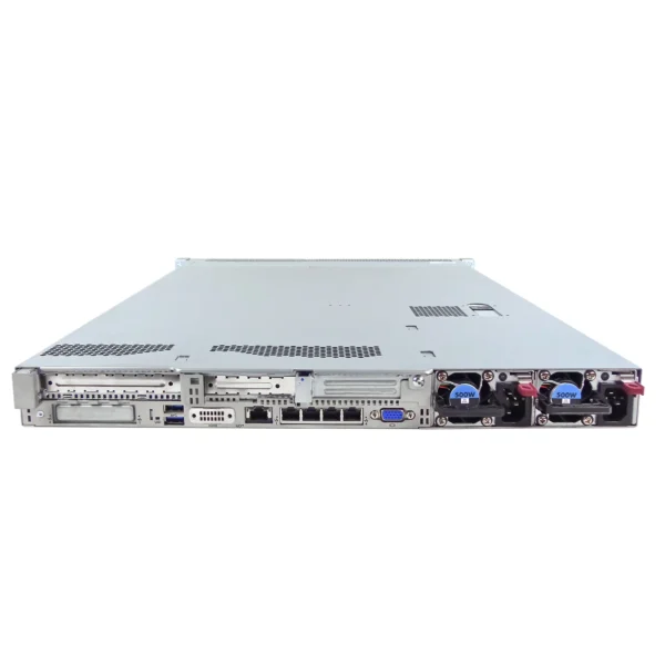 Rear view of HPE ProLiant DL360 Gen9 showing power supplies, PCIe slots, and I/O ports.