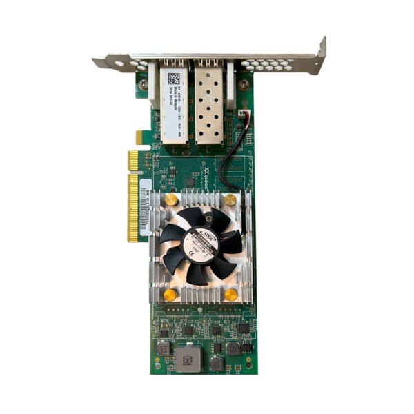Front view of Dell 0H8T43 QLE2662 Dual-Port 16Gbps network card showing two fiber ports.