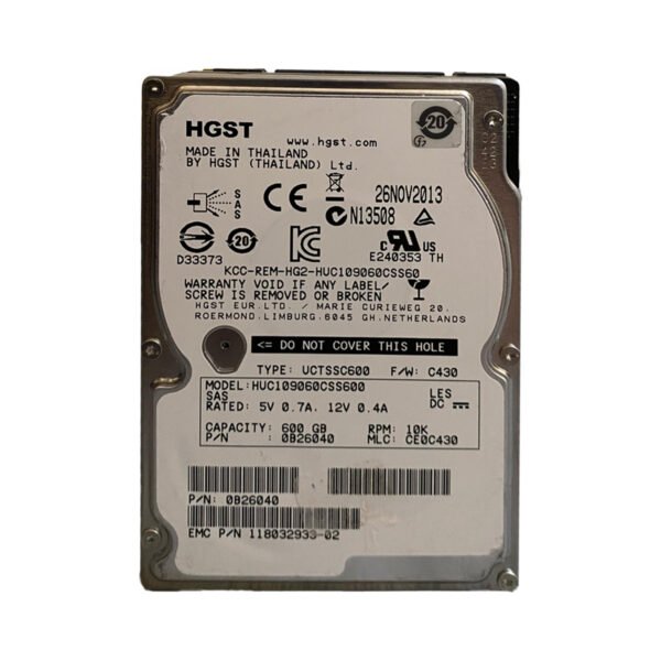 HGST 0B26040 600GB 6Gbps 10K 2.5inch SAS Hard