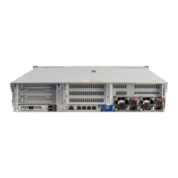 Rear view of HPE ProLiant DL380 Gen10 showing power supplies, I/O ports, and PCIe expansion slots.