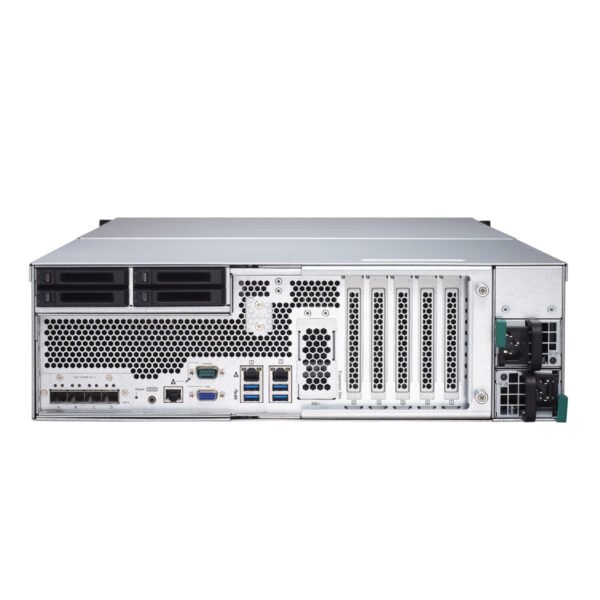 Rear view of QNAP TDS-16489U-SE1-R2 NAS showing 10GbE ports and cooling system.