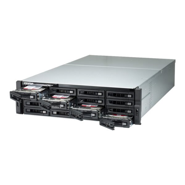 Front view of QNAP TDS-16489U-SE1-R2 showing hard drive bays and control panel.